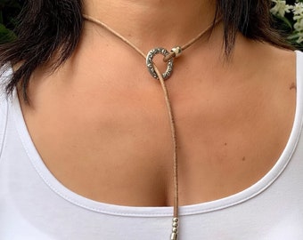 Leather Y Necklace, Floral Boho Choker with Silver Plated Beads