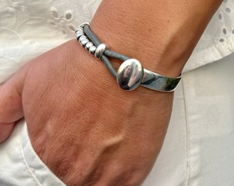 Women’s Leather Bracelet Silver Beads Bracelet Wrap Boho Bracelet Beaded Bracelet Silver Plated Gift For Women