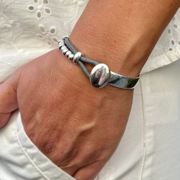 Women’s Leather Bracelet Silver Beads Bracelet Wrap Boho Bracelet Beaded Bracelet Silver Plated Gift For Women