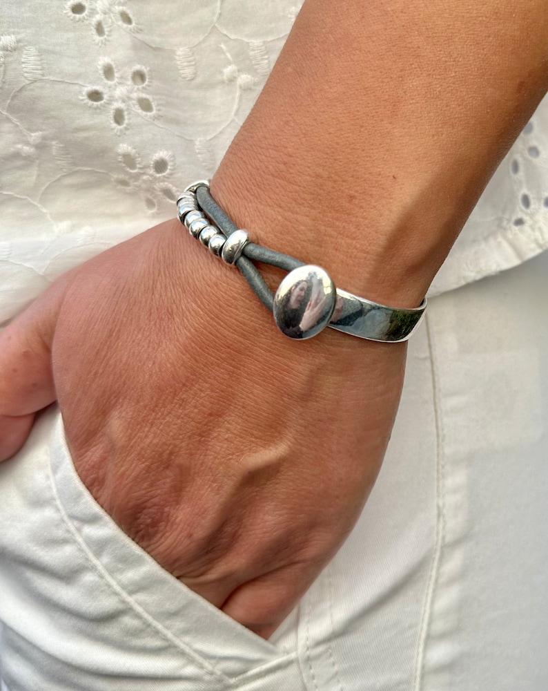 Womens Leather Bracelet Silver Beads Bracelet Wrap Boho Bracelet Beaded Bracelet Silver Plated Gift For Women image 1