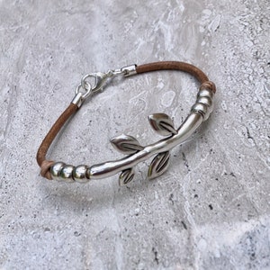 Womens Leather Bracelet Silver Leaves Bracelet Wrap Boho Bracelet Silver Plated Beads Gift For Women image 1