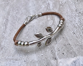 Women’s Leather Bracelet Silver Leaves Bracelet Wrap Boho Bracelet Silver Plated Beads Gift For Women