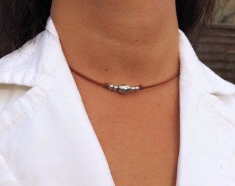 Women's Leather Choker Necklace Minimalist Necklace Silver Stainless Steel Beads Tiny Necklace Real Leather Cord Boho Dainty Necklace