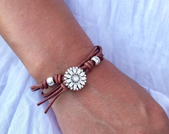 Women Leather Wrap Bracelet, Sunflower Boho Silver Plated Beads