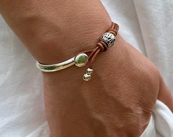 Women’s Leather Bracelet, Silver Plated  Clasp, Knot Wrap Bracelet