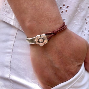 Leather Wrap Bracelet For Women, Boho Flower Clasp, Silver Plated Cord Jewellery