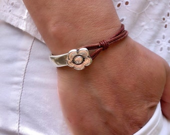 Leather Wrap Bracelet: Boho Flower Clasp, Silver Plated Cord Jewellery