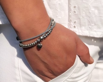 Women's Leather Bracelet Grey Wrap Beaded Bracelet Silver Plated Beads Multistrand Boho Bracelet Leather Cord Jewellery