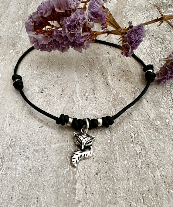 Leather Anklet, Silver Plated Fox Charm, Beaded Boho Ankle