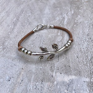 Womens Leather Bracelet Silver Leaves Bracelet Wrap Boho Bracelet Silver Plated Beads Gift For Women image 3