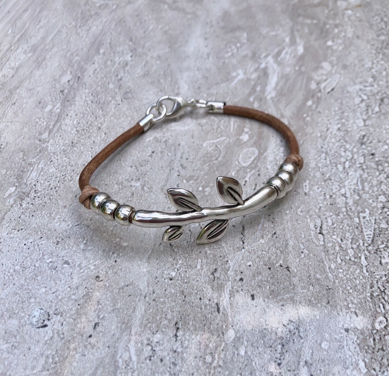 Womens Leather Bracelet Silver Leaves Bracelet Wrap Boho Bracelet Silver Plated Beads Gift For Women image 3