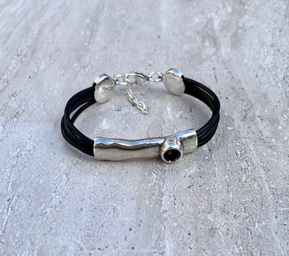 Women's Leather Wrap Bracelet, Black Swarovski Crystal, Silver