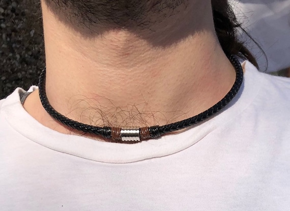 Men s Leather Necklace Braided Leather Cord Chunky Choker Necklace Black Cord Silver Stainless Steel Beads Boho Necklace Leather Jewellery Etsy UK