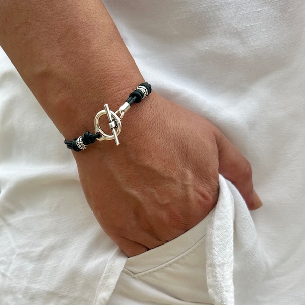 Women’s Leather Bracelet Silver Toggle Clasp Wrap Boho Bracelet Minimalist Bracelet Gift For Women