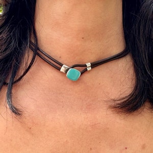 Women’s Leather Choker Women’s Necklace Turquoise Enamel Clasp Boho Silver Plated Gift For Women