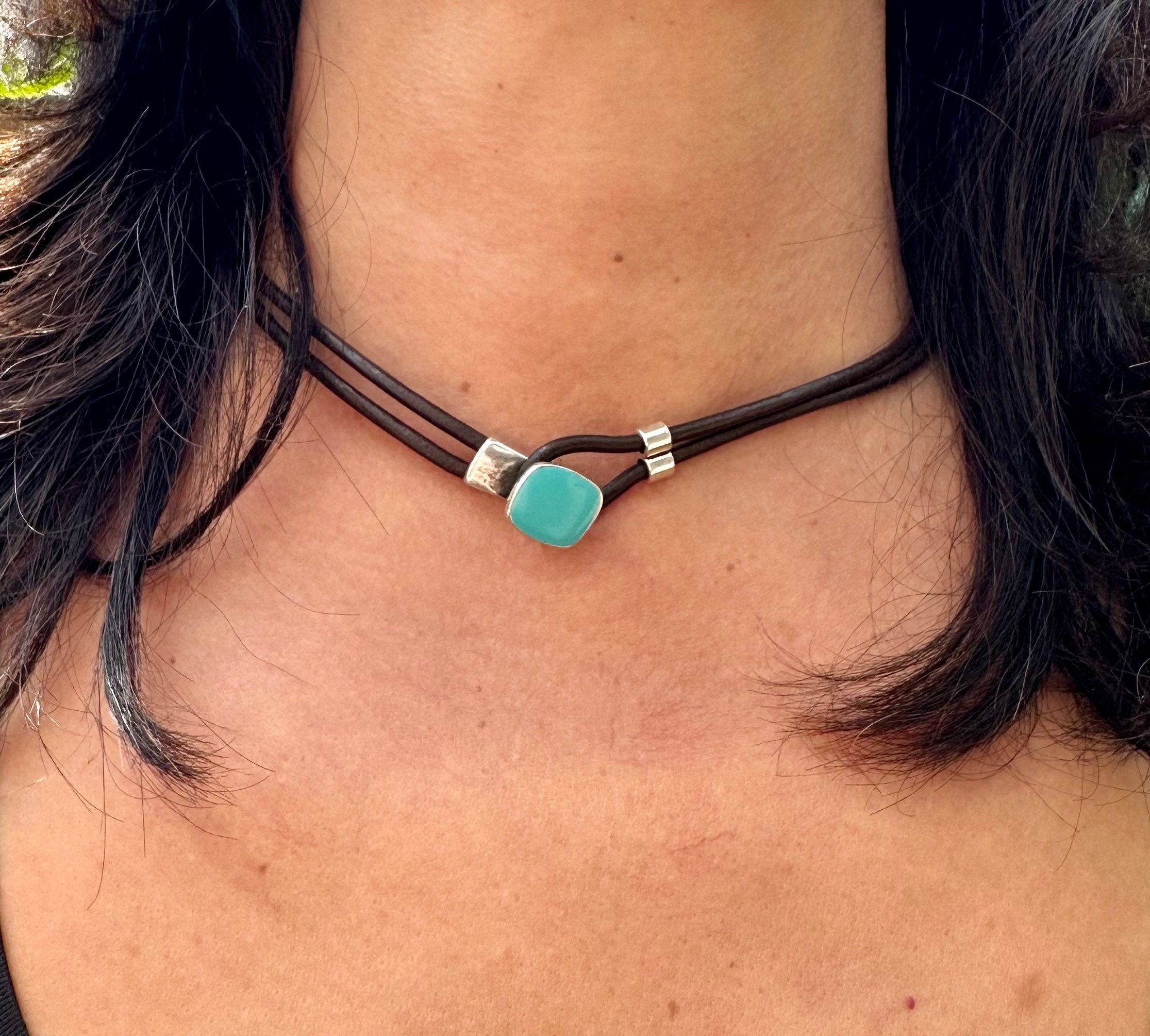 Leather Choker: Turquoise Enamel Clasp, Silver Plated Boho Necklace