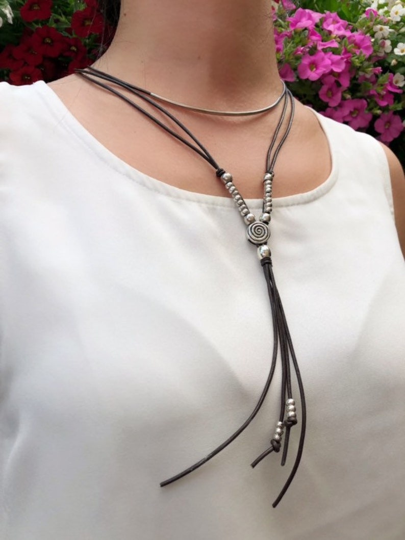 Women/'s Leather Necklace Lariat Necklace Wrap Long Boho Necklace Silver Plated Multistrand Necklace Gift For Women