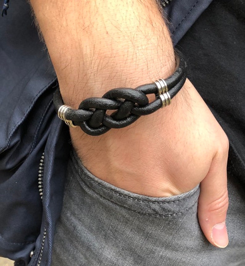 Men/'s Leather Bracelet Celtic Knot Wrap Bracelet Silver Plated Beads Bracelet Black Boho Beaded Bracelet Multistrand Black Leather Cord Brac