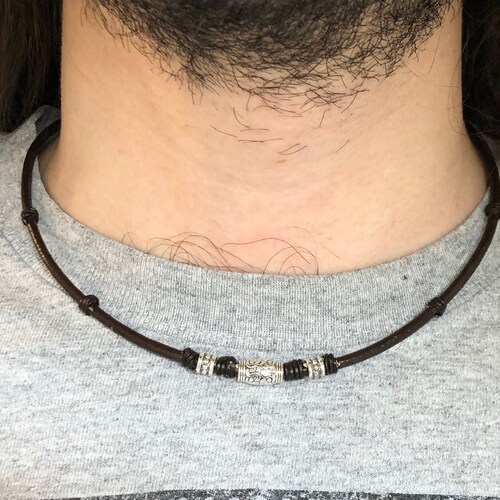 Mens Leather Necklace Beaded Necklace 