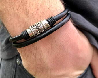 Men's Leather Wrap Bracelet, Silver Plated  Magnetic Clasp Boho Bracelet