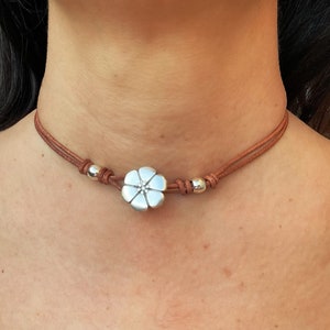 Women’s Leather Choker Necklace Boho Wrap Leather Necklace Silver Flower Choker Gift For Women