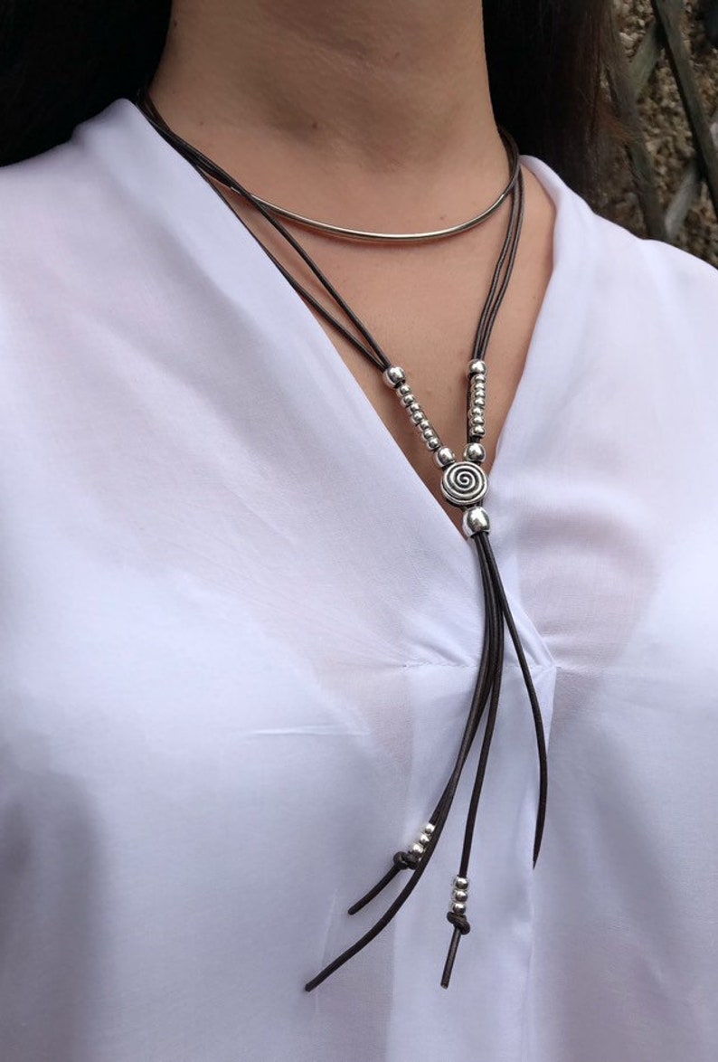 Women/'s Leather Necklace Lariat Necklace Wrap Long Boho Necklace Silver Plated Multistrand Necklace Gift For Women