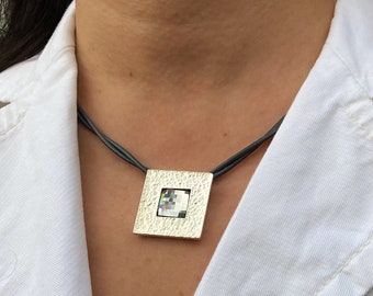 Women’s Leather Necklace Geometric Necklace Square Swarovski Crystal Pendant Elegant Leather Necklace Silver Plated Gift For Women
