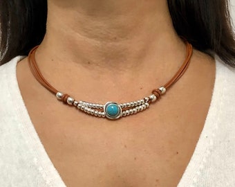 Women’s Leather Necklace Turquoise Beaded Necklace Boho Leather Necklace Leather Cord Jewellery Girl For Women