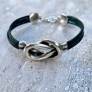 Men's Leather Wrap Bracelet, Antique Silver  Plated Knot, Boho Style