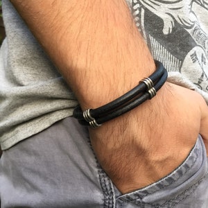 Men's Leather Wrap Bracelet, Antique Silver Plated, Boho Chunky Jewellery