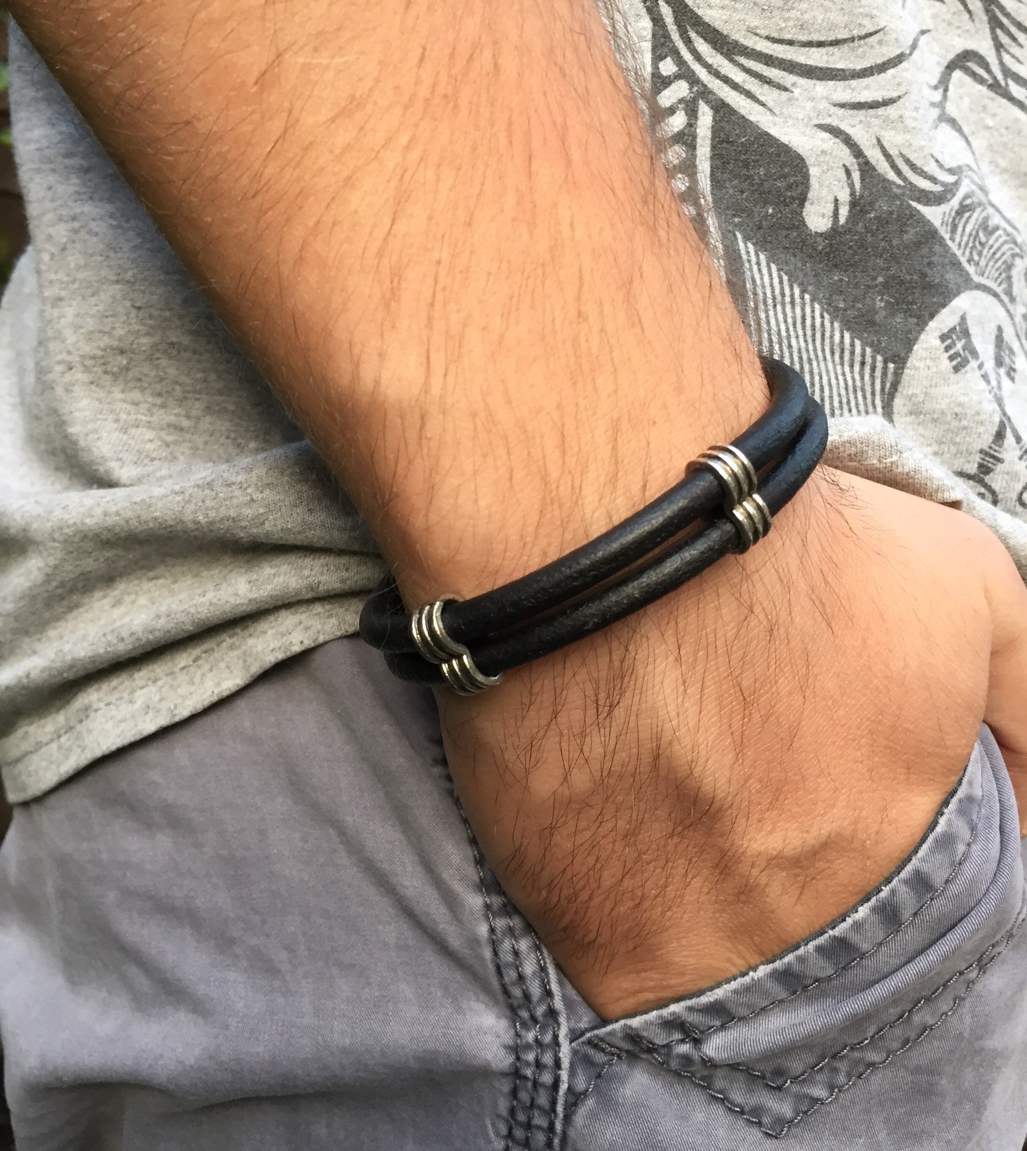 Men's Leather Bracelet Wrap Leather Bracelet Antique Silver