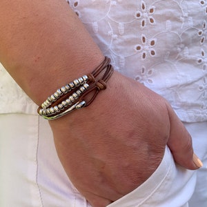 Women’s Leather Bracelet Wrap Boho Bracelet Beaded Multi-strand Bracelet Silver Plated Beads Gift For Women