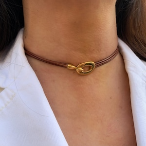 Women’s Leather Choker Necklace Gold Colour Clasp Tiny Leather Choker Dainty Boho Necklace Gift For Women