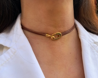 Women’s Leather Choker Necklace Gold Colour Clasp Tiny Leather Choker Dainty Boho Necklace Gift For Women