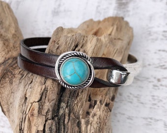 Women’s Leather Bracelet Half Cuff Bracelet Turquoise Bead Bracelet Boho Wrap Bracelet Silver Plated Clasp Gift For Women