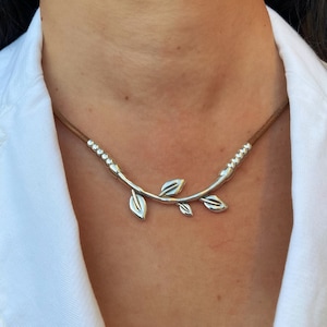 Women's Leather Necklace, Silver Plated Beaded Leaf, Boho Statement Jewellery