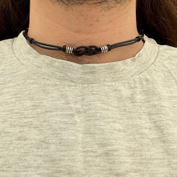 Men's Leather Choker Necklace Love Knot Black Necklace Men's Boho Brown Necklace Celtic Knot Necklace Tiny Necklace Gift For Men