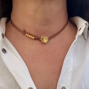 Women’s Leather Choker Gold Beads Boho Necklace Gift For Women
