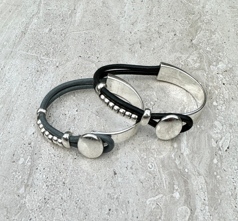 Womens Leather Bracelet Silver Beads Bracelet Wrap Boho Bracelet Beaded Bracelet Silver Plated Gift For Women image 2