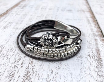 Women's Leather Wrap Bracelet ,Silver Plated Clasp, Flower Boho Beaded Jewellery