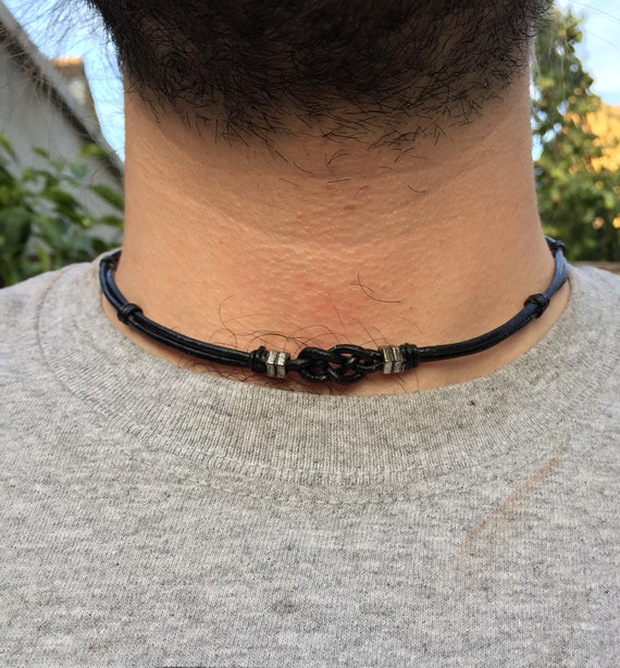 UK Seller New Black Leather Choker Necklace with Infinity Celtic Knot Charm
