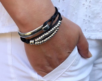 Women’s Leather Bracelet Wrap Boho Bracelet Leather Beaded Bracelet Silver Plated Beads Gift For Women