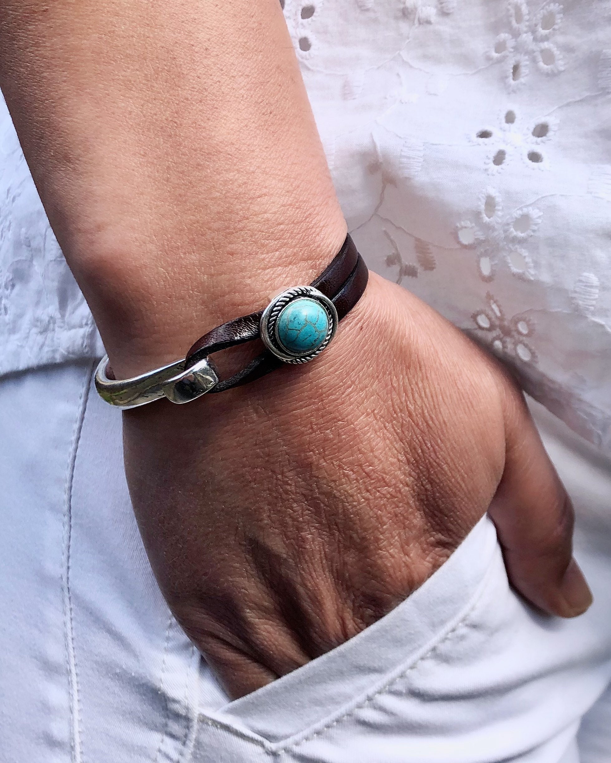 アクセサリー HERMES Leather Bracelet Silver Atame Hermes Atame Bracelet Silver Brown Metal Leather Women's