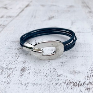 Women's Leather Bracelet  Wrap Navy Bracelet Real Leather Cord Bracelet Antique Silver Plated Clasp Gift For Women