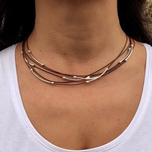 Dainty Leather Multistrand Necklace: Silver Plated Beads, Boho Style