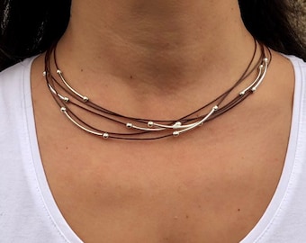 Women's Leather Necklace Multistrand Necklace Silver Plated Beads Necklace Leather Cord Necklace Boho Dainty Necklace Gift Idea For Women