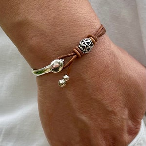 Women’s Leather Bracelet Silver Wrap Bracelet Knots Beaded Bracelet Silver Beads Bracelet Silver Plated Gift For Women