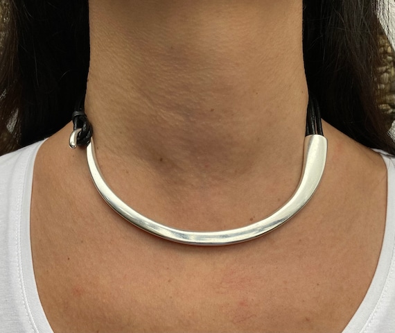 Women Necklace, Leather And Silver Plated Clasp