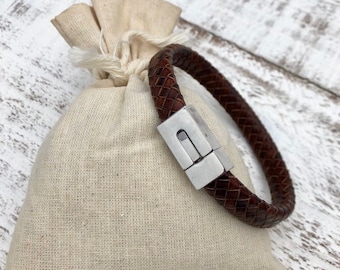 Men's Leather Bracelet Silver Bracelet Stainless Steel Clasp Brown Boho Braided Cord Bracelet Men's Leather Jewellery