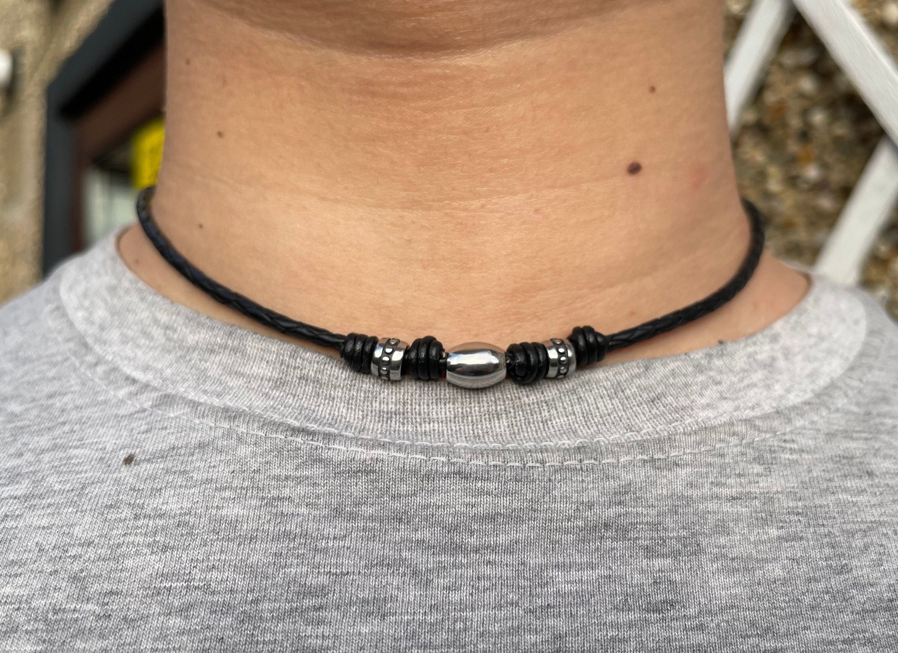 Leather Cord Necklace for Men, Men's Choker Necklace - Unisex Silver Tube  Necklace - Mens Jewelry - Mens Necklace - Black Leather Choker for Him
